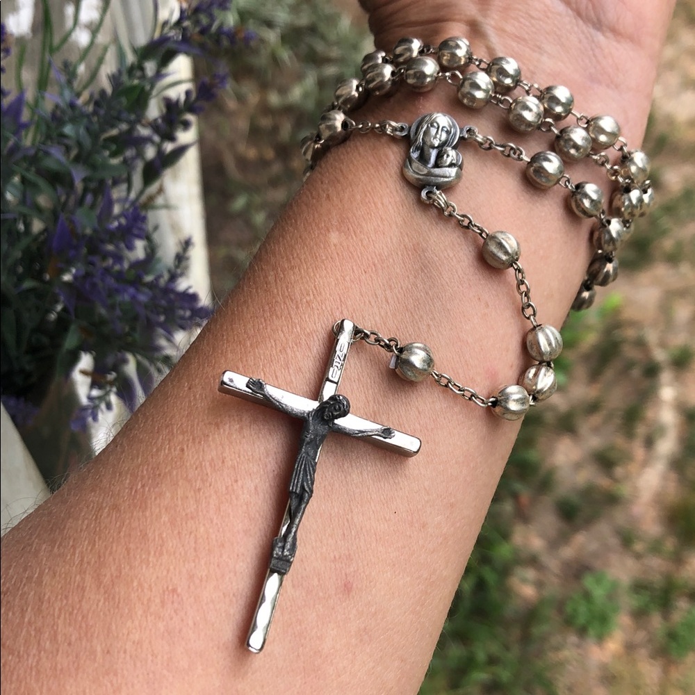Vintage Silver Tone Fluted Bell Bead Catholic Rosary - Miraculous Medal